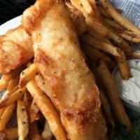 Fish & Chips · Beer battered Atlantic cod and house-cut fries. Served with house-made tartar sauce and lemon.