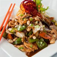 Lunch - Kung Pao · Stir fried chicken with bell pepper, onion, carrot, roasted chili, and peanuts.

​
