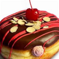Cherry Time · Raised doughnut coated in smooth chocolate icing, filled with whipped cherry filling, finish...