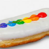 Pride Bar · Raised bar dipped in vanilla, filled with Bavarian cream, and decorated with colorful hearts