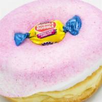 Voodoo Bubble · Raised yeast doughnut with vanilla frosting, bubble gum dust, and a piece of bubble gum.