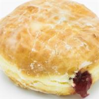 Raspberry Romeo · Raised yeast shell glazed and filled with raspberry.