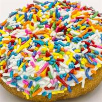 Sprinkle Cake · Plain cake doughnut with vanilla frosting and sprinkles