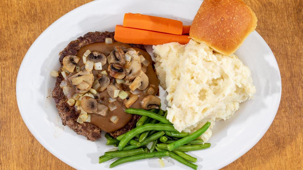 Salisbury Chopped Steak · Full lb. of ground chuck topped with sauteed onions, mushrooms and gravy, served with vegetable, Roll and choice of mashed potato or french fries.