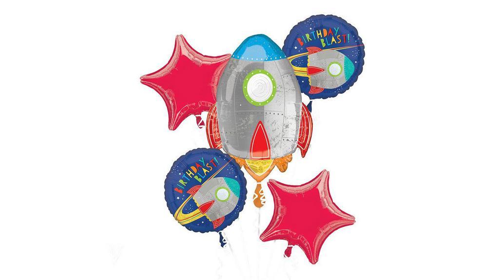 Bouquet Blast Off Birthday · Product Details
Take your child's party to new heights with a Blast Off Balloon Bouquet! The interstellar balloon bouquet includes a jumbo rocket balloon as the centerpiece and two round balloons that feature the headline 