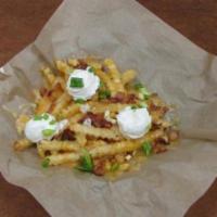 Loaded Fries · Crinkle-cut fries, aged cheddar jack cheese, sour cream, chopped bacon & scallions