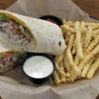 Chicken Club Wrap · Aged cheddar cheese, Applewood bacon, tomato, lettuce, mayo in a flour tortilla with ranch d...