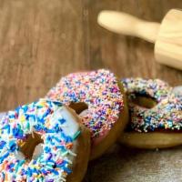 Sprinkle Donut · Icing: Choose from Chocolate, Vanilla, or Strawberry Sprinkles: Choose from jimmies or nonpa...