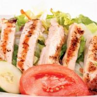 Grilled Chicken Salad · Large fresh garden salad topped with boneless chicken breast.