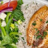 Grilled Fish Plate · Grilled fish fillet served with basmati rice, pita bread (optional), and your choice of a gr...