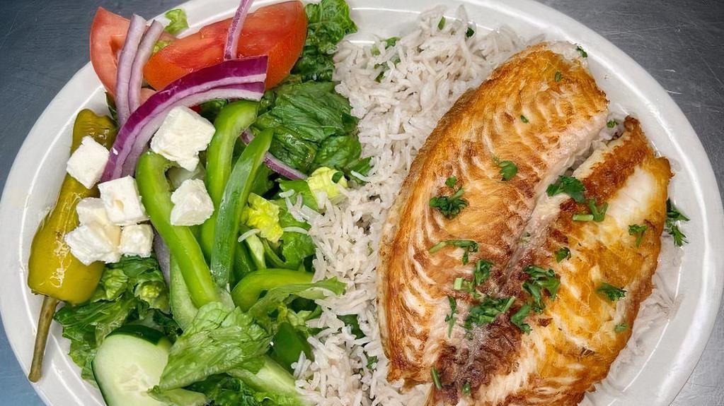 Grilled Fish Plate · Grilled fish fillet served with basmati rice, pita bread (optional), and your choice of a greek salad or grilled vegetables.