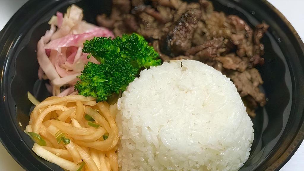 Bulgogi Beef · Grilled sliced beef marinated with soy sauce, ginger, garlic, and more. Served with Fried/White Rice, Potato salad, and pickled cabbage.