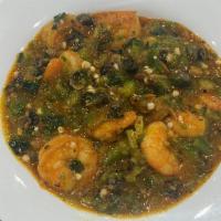 Seafood Okra Soup** · Okra cooked with shrimp, periwinkle seafood and dried fish, with bell pepper + habanero pepp...