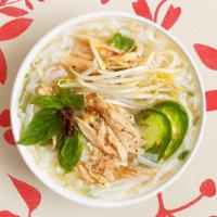 Chicken Pho · Chicken in beef broth garnished with onion, scallion, cilantro, and a side of bean sprouts, ...