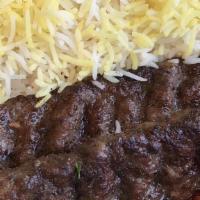 Beef Koubideh Kabob · Two skewers of fresh ground beef seasoned and mixed with onion. Cooked on open fire. Served ...