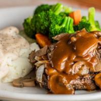 Smothered Chopped Steak · 8oz chopped steak topped with grilled onions and sautéed mushrooms. Choice of two sides.
