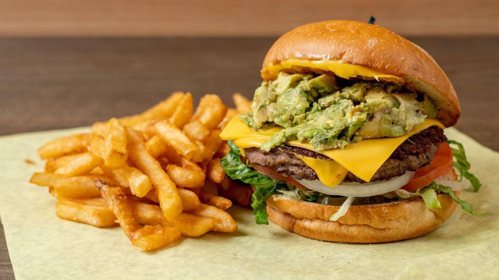 Avocado Cheeseburger · Favorite. One third pound burger served with fresh avocado, lettuce, tomato, onions, pickles and mustard.