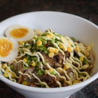 Sumo Rice Bowl · Served with hand-shredded pork, corn, green onions, a soft boiled egg, house made teriyaki s...