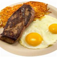 Steak And Eggs · 6 oz. sirloin and Two eggs any style. Served with hash browns and a choice of toast or a hot...
