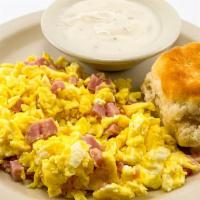 Two Egg Scrambler With Diced Ham · Served with choice of toast or a hot biscuit and gravy.