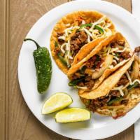 *Alambre Tacos (3) · Includes asada (Beef), jalapeño, grilled onions, cheese and choice of red, green or avocado ...
