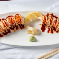 Shaggy Dog Roll · Spicy. Shrimp tempura topped with crab stick spicy mayo and eel sauce.