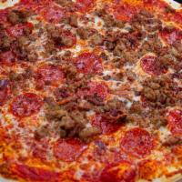 10In Mighty Meat Pizza · Taglia’s signature pizza sauce, mozzarella, pepperoni, Italian sausage, and ground beef