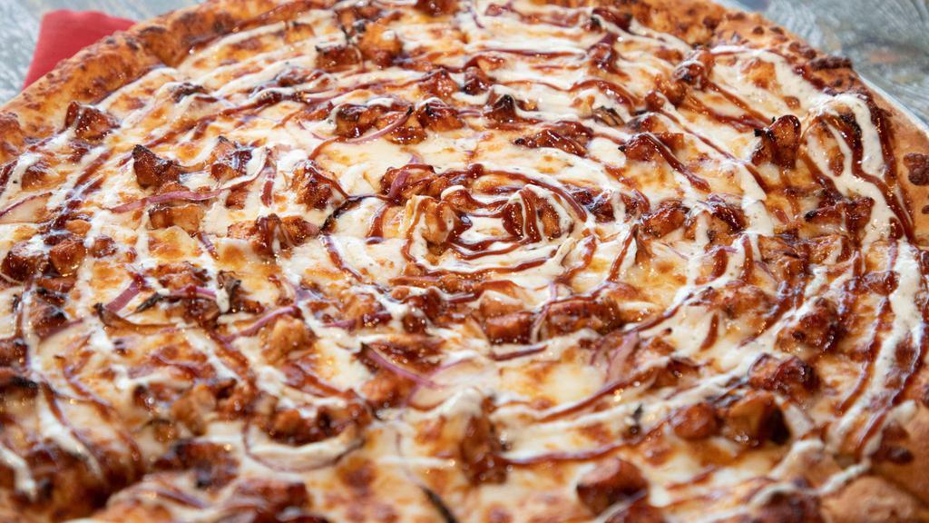 16In Barbecue Chicken Pizza · Mozzarella, barbecue chicken, red onions, and a swirl of barbecue and ranch sauces
