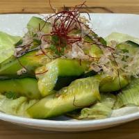 Cucumber Salad · Cucumber with special soy sauce, sesame seed, bonito flakes, lettuce, shredded chili pepper