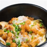 Oyako Don · Steamed rice, deep fried chicken, donburi sauce, egg, onion, green onion with miso soup.
