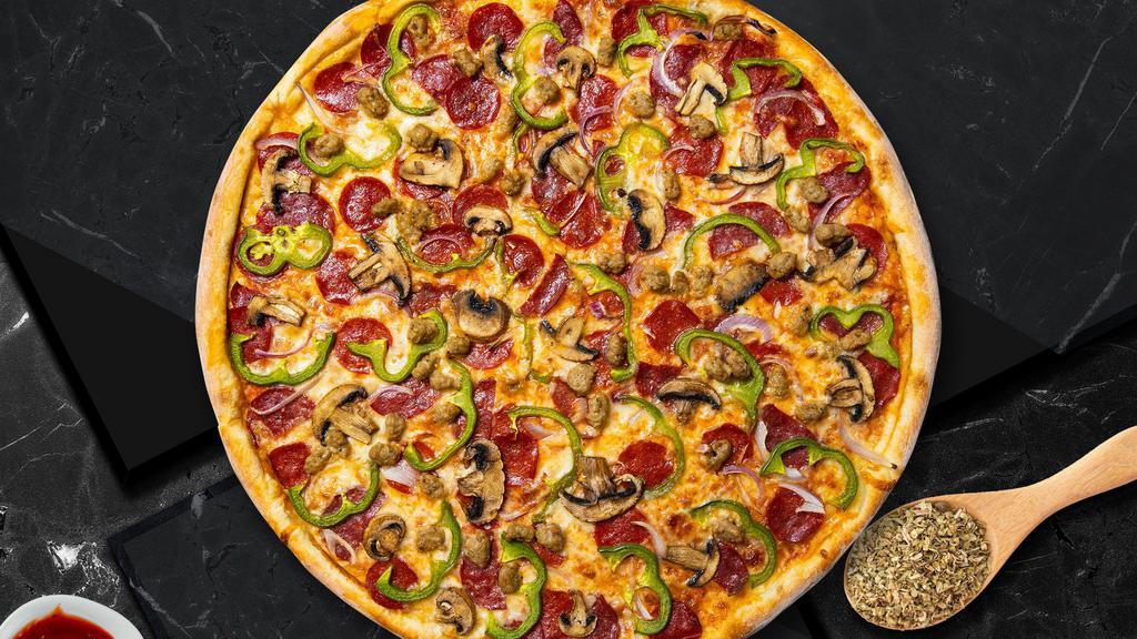 Supreme Pizza  · Pepperoni, hamburger, canadian bacon, sausage, mushrooms, onions, green peppers and black olives on a hand tossed dough.