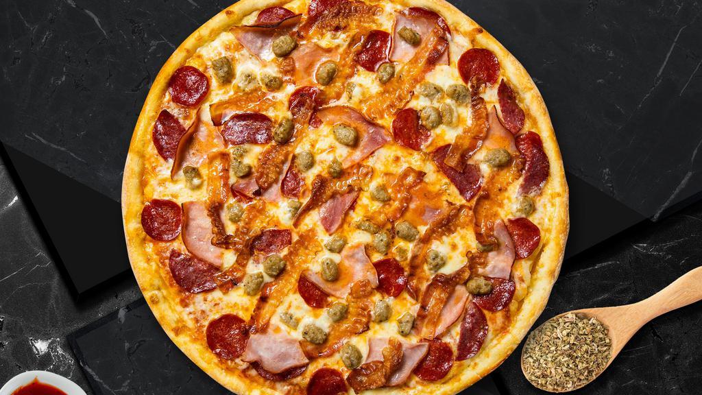 All Meat Pizza · Sausage, pepperoni, hamburger, canadian bacon and mozzarella on a hand tossed dough.
