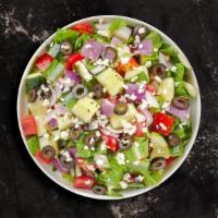 Greek Salad · Onions, olives, tomatoes, feta cheese, tossed with greek dressing.