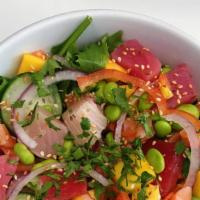 Hybrid Poke Bowl · Salmon, tuna, avocado, cucumber, edamame pods, jalapeño, white sesame seeds, sushi rice, eel...