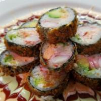R10 Godzilla Roll · Spicy tuna, cream cheese, salmon, crab, tempura fry, top with avocado special sauce.