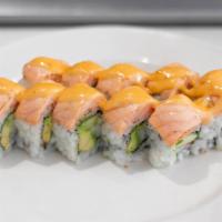 R4 Alaskan Roll · California roll top with baked salmon.