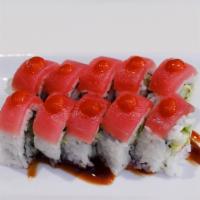 R6 Hawaii Roll · California roll top with spicy tuna sriracha, and eel sauce.