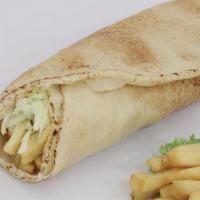 French Fries Wrap · French fries wrapped in pita bread with tomatoes, lettuce, pickles, garlic sauce and ketchup