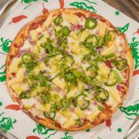 Hari Mirch Pineapple Pizza (Veggie Pizza) · Indian Spicy Sauce, Cheese, Red Onion, Fresh Jalapeño, Pineapple, and Cilantro.