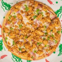 Tandoori Chicken Pizza · Spicy Sauce, Green Bell Pepper, Red Onion, Cheese, and Marinated Tandoori Chicken.