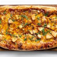 Bbq Chicken Flatbread · Hand-Pulled Chicken, Grilled Red Onions, Shredded Colby Jack, and Cilantro
