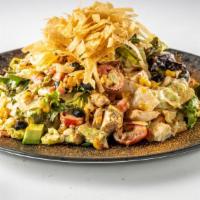 Southwest Blackened Chicken Salad · Blackened Chicken, Pico de Gallo, Roasted Red Peppers, Jack and Cheddar Cheeses, Avocado, Co...
