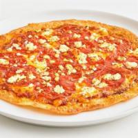 Pepperoni & Feta Thin Crust · Pepperoni pizza sprinkled with mozzarella & cheddar cheeses and topped with feta.   (140 Cal...
