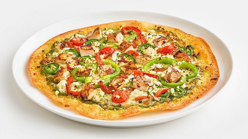 Spicy Chicken Pesto Thin Crust · Grilled chicken, pesto, jalapenos, roasted red peppers, green bell peppers, and cherry tomatoes baked with feta and mozzarella cheeses. Sprinkled with crushed red pepper.