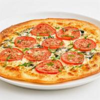 Margherita Thin Crust · Fresh basil, roasted garlic, sliced tomatoes, and mozzarella cheese.