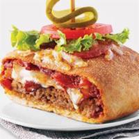 The Pizzaburger · A cheeseburger wrapped in a pepperoni pizza, stuffed with bacon, mozzarella, and pizza sauce.
