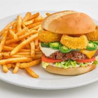 Jalapeño & Onion Ring Burger · Topped with cheddar & mozzarella cheeses, lettuce, tomatoes, jalapeño peppers, and onion rin...