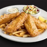 Fish & Chips · Crispy, fried white fish in a Yuengling beer batter, served with seasoned french fries, cole...