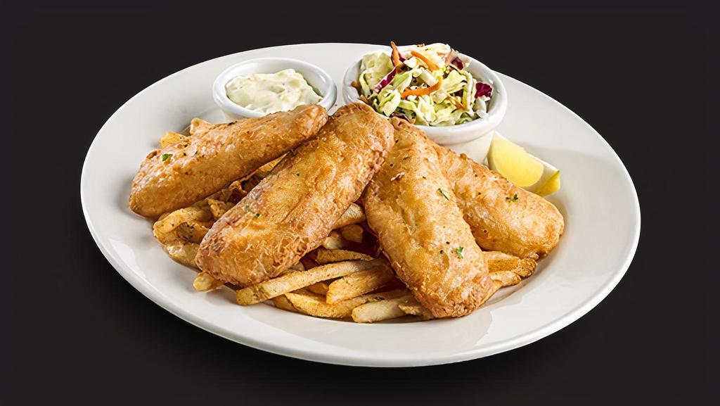 Fish & Chips · Crispy, fried white fish in a Yuengling beer batter, served with seasoned french fries, coleslaw, and tartar sauce. (2,750 Cal)