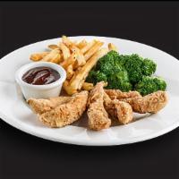 Chicken Strips · Hand-breaded chicken strips with seasoned french fries and coleslaw. Served with honey musta...